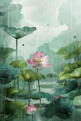 夏天雨季池塘荷花荷叶凄冷大暑处暑插画背景 夏天雨季池塘荷花荷叶凄冷大暑处暑插画背景