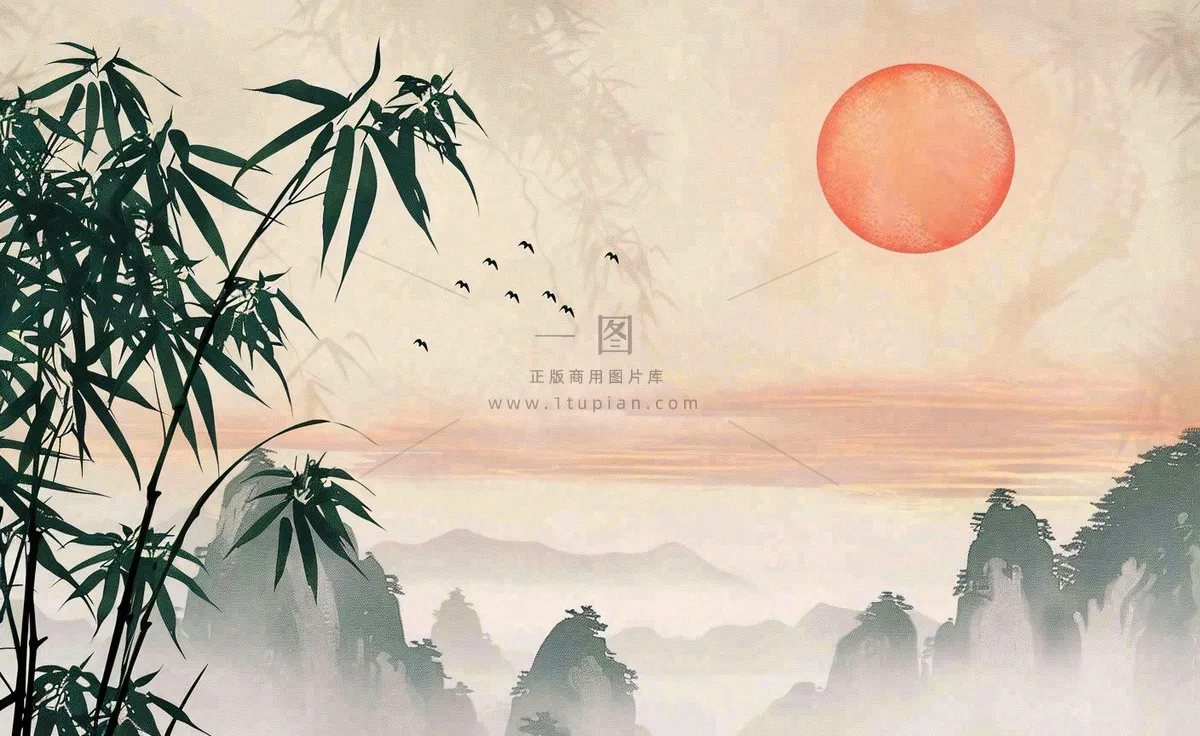 中国风古风水墨画山竹落日余晖淡雅清明端午插画背景