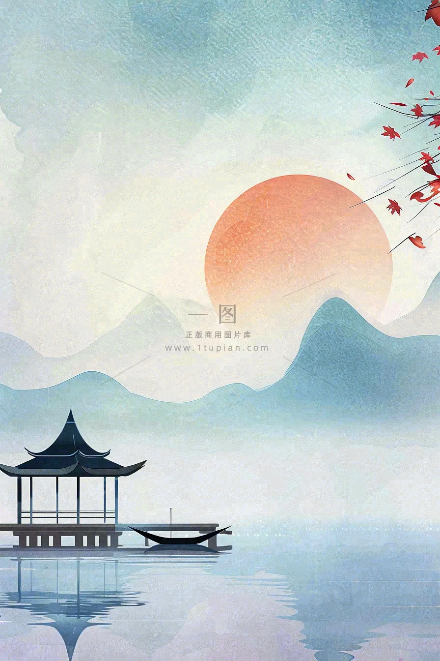 中国风山水凉亭霜降插画背景