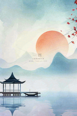 中国风山水凉亭霜降插画背景 中国风山水凉亭霜降插画背景