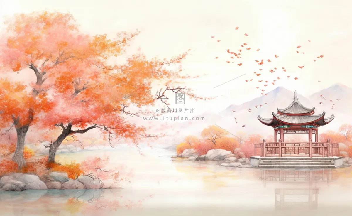 秋季枫叶晚亭山水湖面倒影美景中国风水墨画插画背景