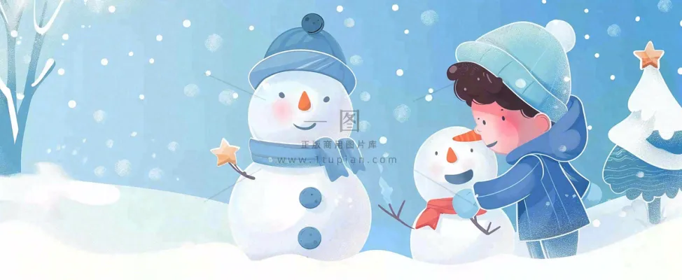 冬天白雪地里的小男孩在堆雪人可爱卡通插画小寒立冬大雪背景 冬天白雪地里的小男孩在堆雪人可爱卡通插画小寒立冬大雪背景