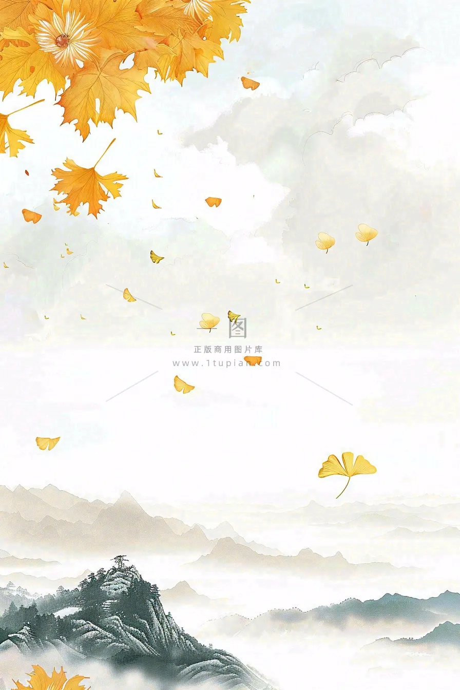 秋天黄了的银杏树银杏叶落叶菊花立秋重阳节秋分白露水墨插画背景