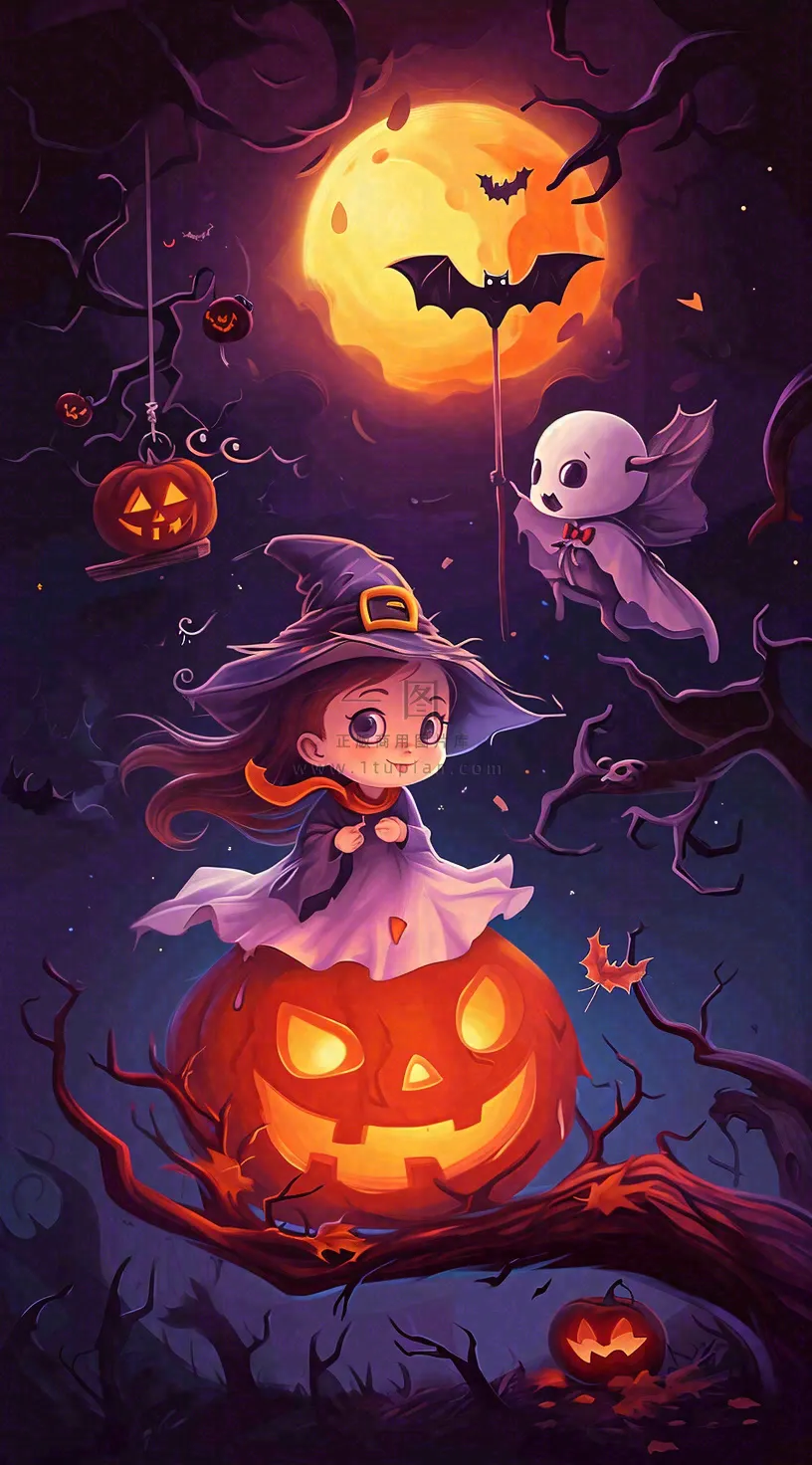 万圣节夜晚黑色南瓜恐怖卡通小鬼手绘插画