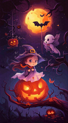 万圣节夜晚黑色南瓜恐怖卡通小鬼手绘插画