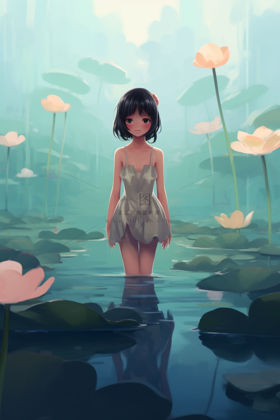 夏日女孩站在睡莲池里卡通插画素材