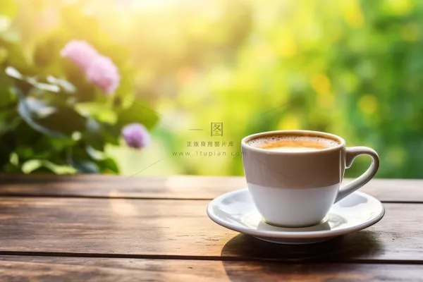 花园木桌咖啡杯阳光光影摄影图