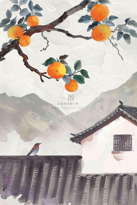秋天婺源村庄柿子树老式建筑屋檐中国风国画水彩立秋秋分处暑背景 秋天婺源村庄柿子树老式建筑屋檐中国风国画水彩立秋秋分处暑背景