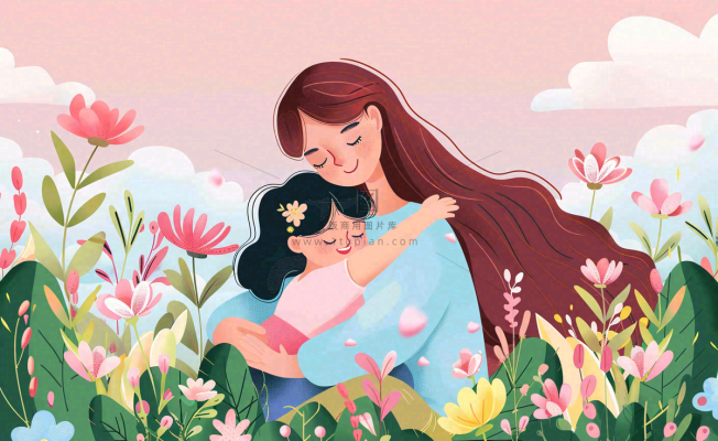 母亲节妈妈亲情抱着孩子鲜花光辉插画背景