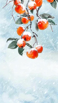 冬天风雪里的柿子树霜降插画背景 冬天风雪里的柿子树霜降插画背景