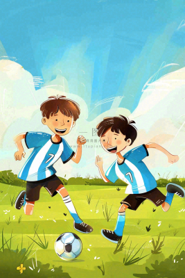 儿童学生草坪上踢足球运动竞技儿童节卡通插画背景