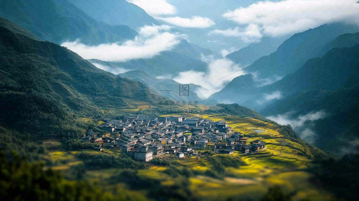 江南风景屋檐瓦舍雾村庄山林摄影图