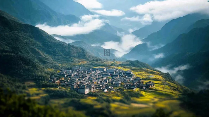 江南风景屋檐瓦舍雾村庄山林摄影图