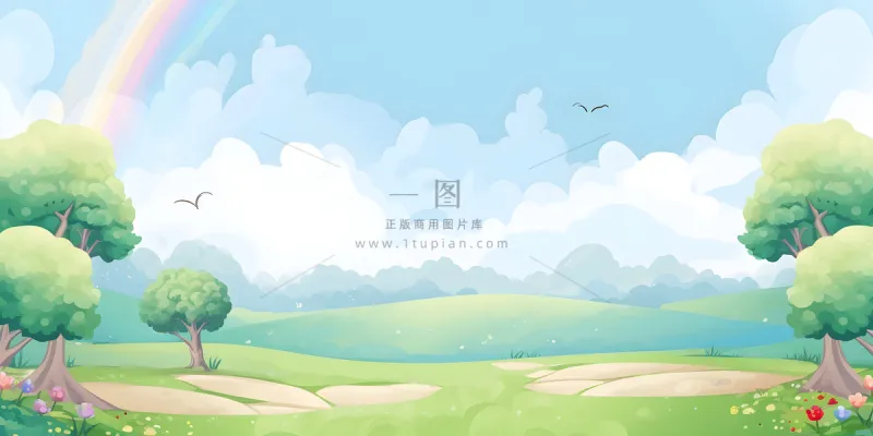 春天蓝天白云彩虹树林草坪手绘插画风景海报素材背景 春天蓝天白云彩虹树林草坪手绘插画风景海报素材背景