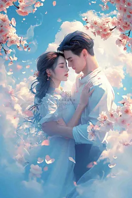 爱情情侣拥抱情人节浪漫粉色花朵，蓝天白云