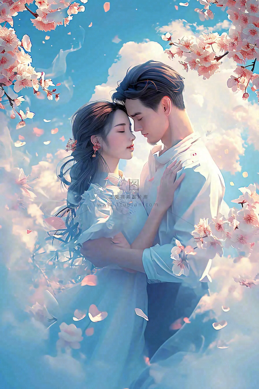 爱情情侣拥抱情人节浪漫粉色花朵,蓝天白云