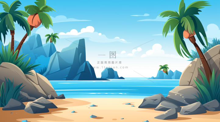 夏日海滩椰子树海浪卡通插画背景