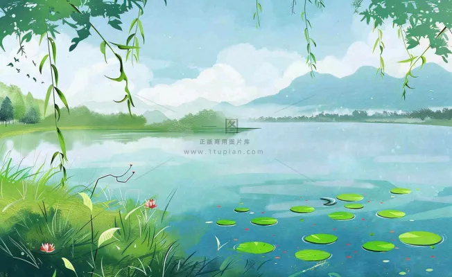 春夏风景湖泊荷花柳树立夏小暑夏至插画背景