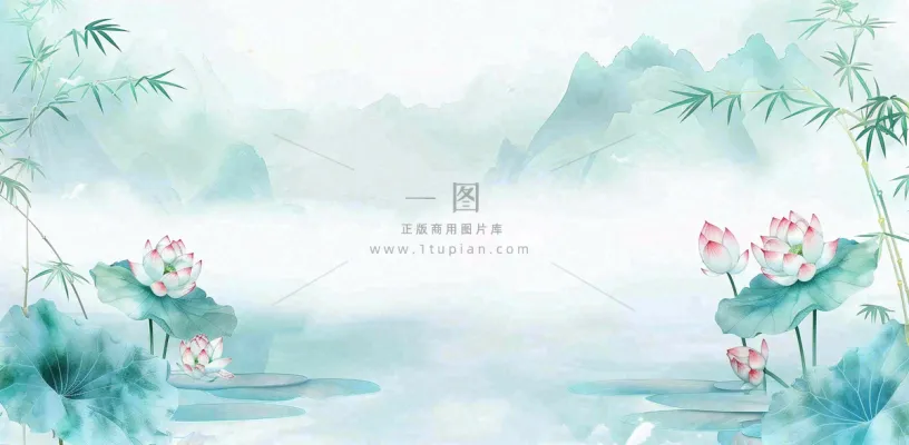 绿色荷花荷叶山水船立夏天夏至中式手绘风景中国风国画大暑小暑插画背景