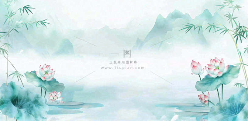 绿色荷花荷叶山水船立夏天夏至中式手绘风景中国风国画大暑小暑插画背景 绿色荷花荷叶山水船立夏天夏至中式手绘风景中国风国画大暑小暑插画背景