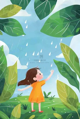下雨天巨大绿植下的女孩躲雨玩耍雨水谷雨春天卡通插画背景 下雨天巨大绿植下的女孩躲雨玩耍雨水谷雨春天卡通插画背景