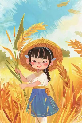 秋收麦田里抱着麦穗的女孩农民芒种立秋秋分卡通插画背景