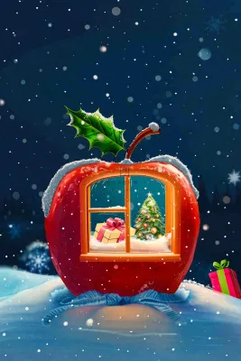 冬天寒冷的白雪红苹果屋窗户夜晚平安夜卡通插画背景 冬天寒冷的白雪红苹果屋窗户夜晚平安夜卡通插画背景