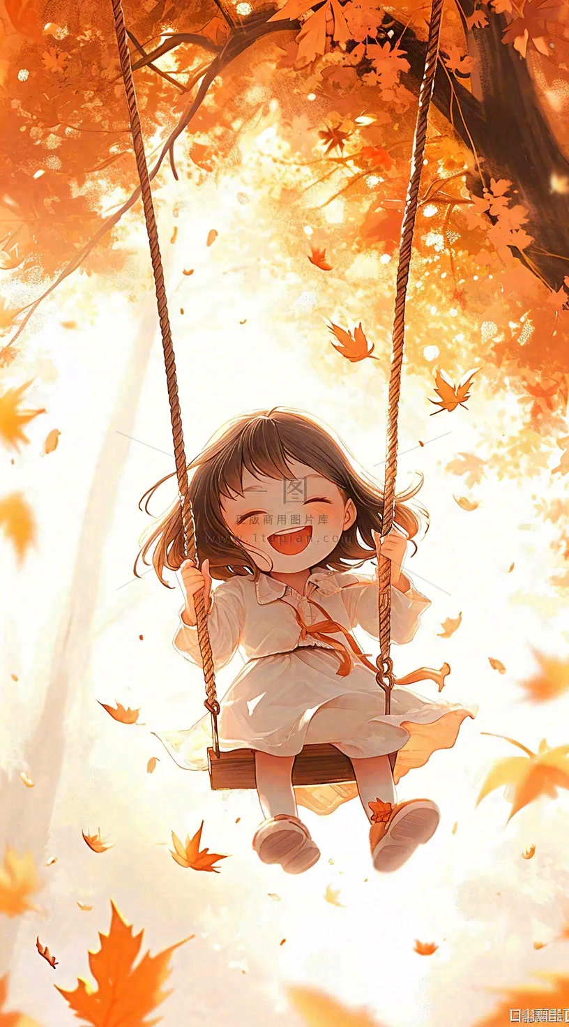 秋天秋叶少女儿童荡秋千玩耍，可爱手绘插画
