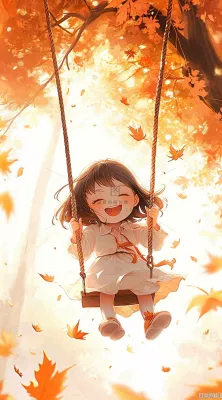 秋天秋叶少女儿童荡秋千玩耍,可爱手绘插画 秋天秋叶少女儿童荡秋千玩耍,可爱手绘插画