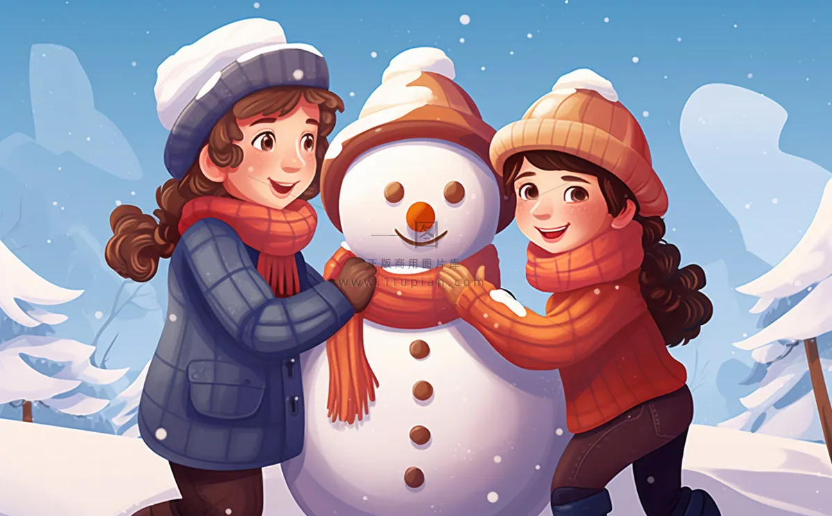 冬季下雪堆雪人孩子们儿童卡通插画背景