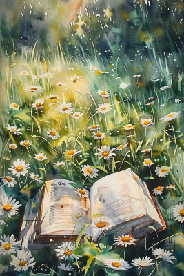 草丛花丛里的书本阅读世界读书日水彩插画背景