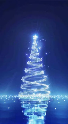 夜晚蓝色星空下发光的圣诞树梦幻平安夜插画背景