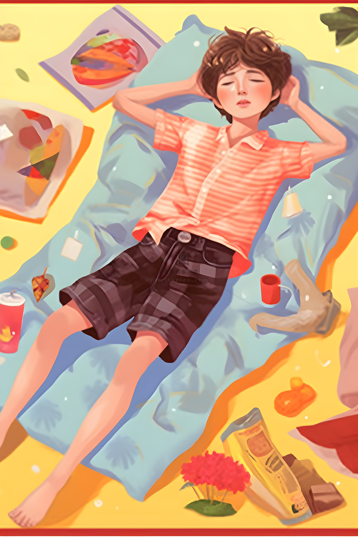 夏日躺着休息的男孩炎热海报素材背景