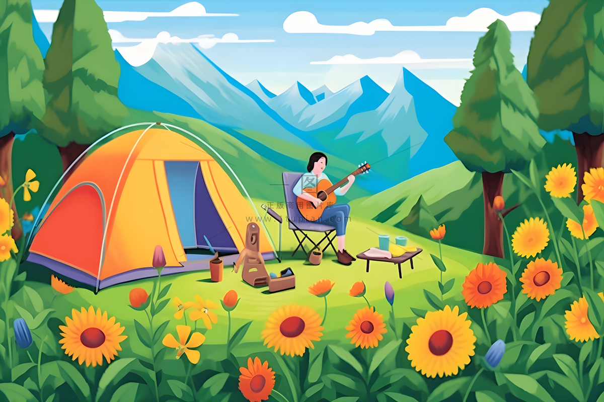 户外野外森林草原露营人们卡通插画背景