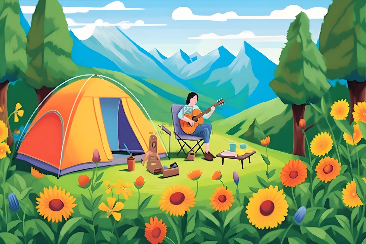 户外野外森林草原露营人们卡通插画背景