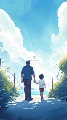 蓝天白云下父亲牵着手,父爱背影亲情伟大感恩 蓝天白云下父亲牵着手,父爱背影亲情伟大感恩