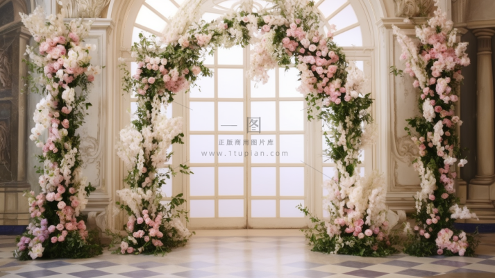 教堂婚礼现场鲜花主题摄影图