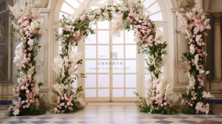 教堂婚礼现场鲜花主题摄影图