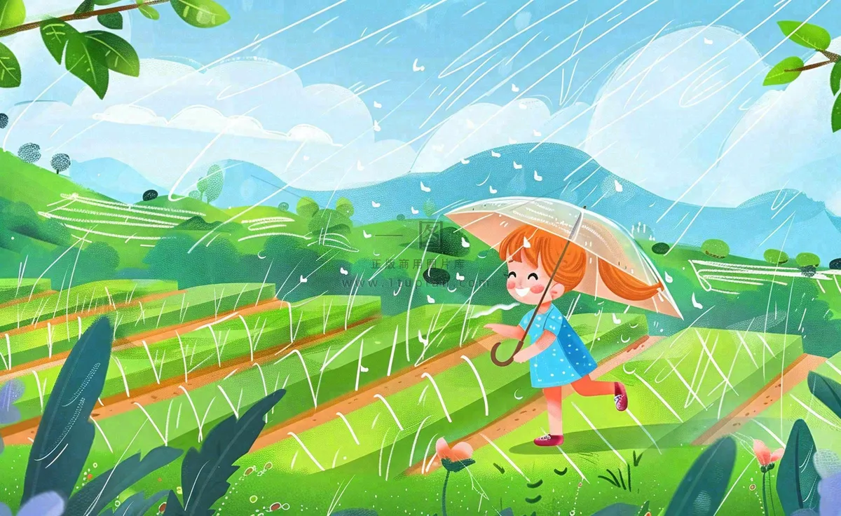 卡通女孩人物打雨伞春游踏青节气雨水谷雨春天春分绿色卡通插画背景
