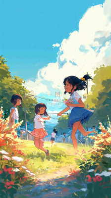 清新蓝天白云儿童路边行走手绘插画,花丛草地植物 清新蓝天白云儿童路边行走手绘插画,花丛草地植物