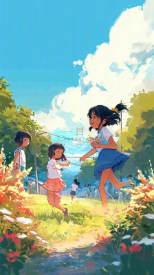 清新蓝天白云儿童路边行走手绘插画,花丛草地植物 清新蓝天白云儿童路边行走手绘插画,花丛草地植物