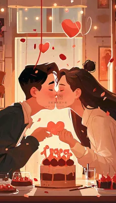 情人节情侣浪漫圣诞节日温馨生日会,插画手绘,居家餐厅美食 情人节情侣浪漫圣诞节日温馨生日会,插画手绘,居家餐厅美食
