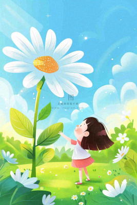 夏天插画手绘夏日风景立夏夏至节气炎热雏菊花朵卡通少女卡通