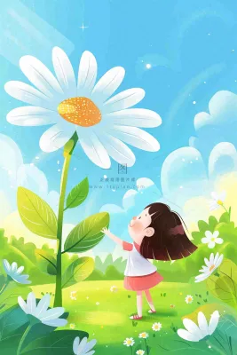 夏天插画手绘夏日风景立夏夏至节气炎热雏菊花朵卡通少女卡通