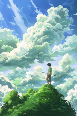 夏日天空之境男孩白云蓝天绿草地插画背景