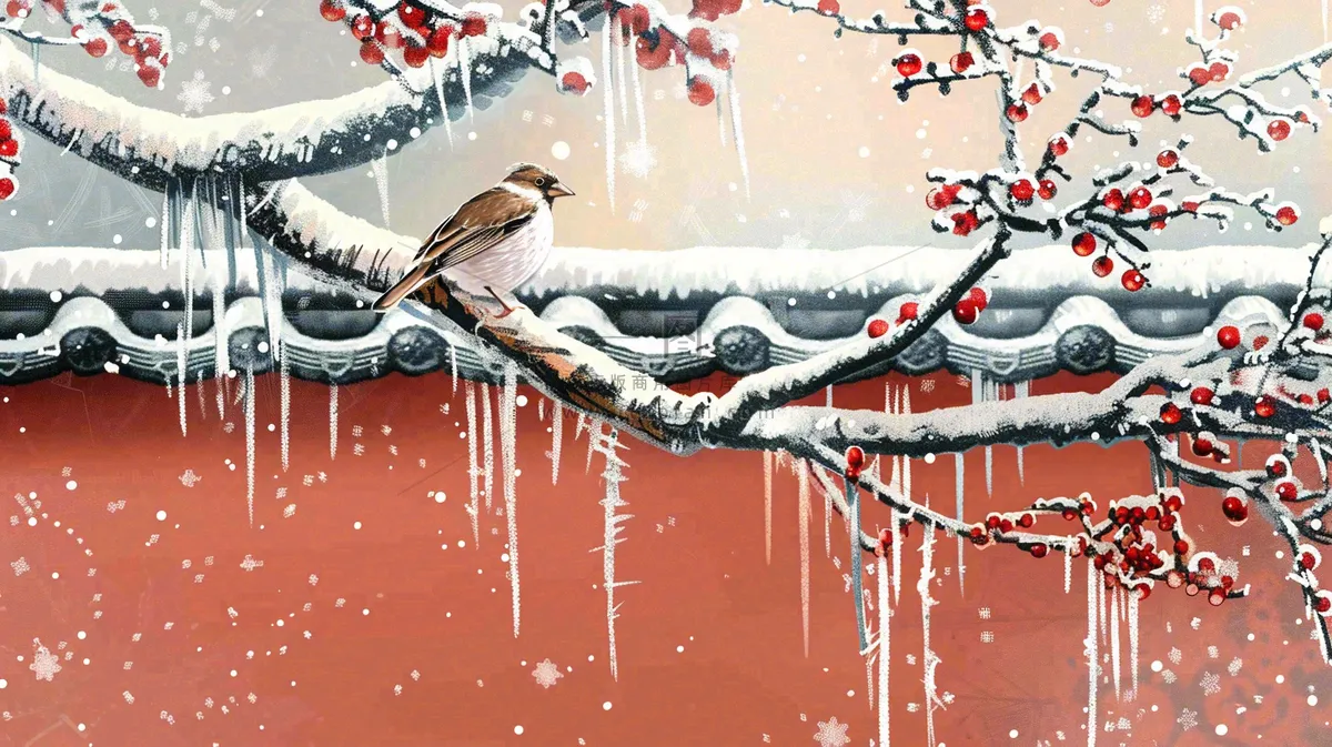 冬季大雪纷飞红色宫墙梅花枝条的小鸟国风插画立冬冬至大雪背景 