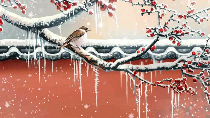 冬季大雪纷飞红色宫墙梅花枝条的小鸟国风插画立冬冬至大雪背景  冬季大雪纷飞红色宫墙梅花枝条的小鸟国风插画立冬冬至大雪背景