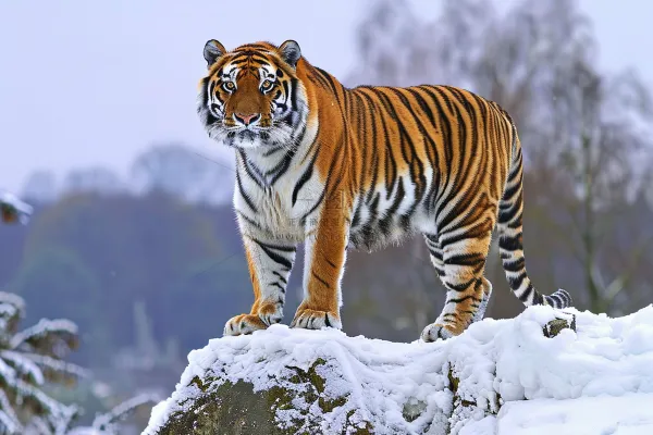 东北虎冬天白雪站在石头上的老虎动物