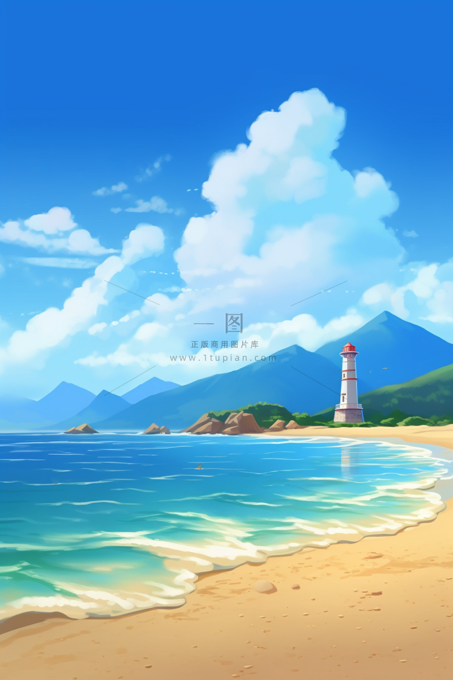 夏日清新阳光沙滩海浪蓝色插画背景