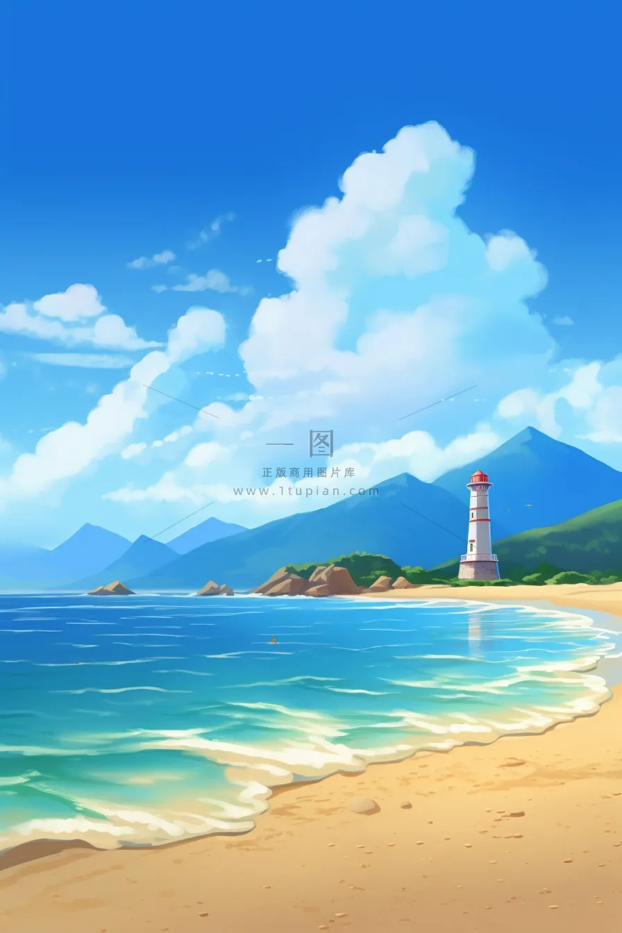 夏日清新阳光沙滩海浪蓝色插画背景